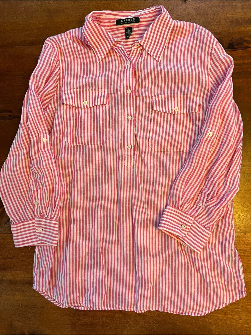 Lauren Ralph Lauren Womens L Striped Linen Button-Up Shirt Long Sleeve